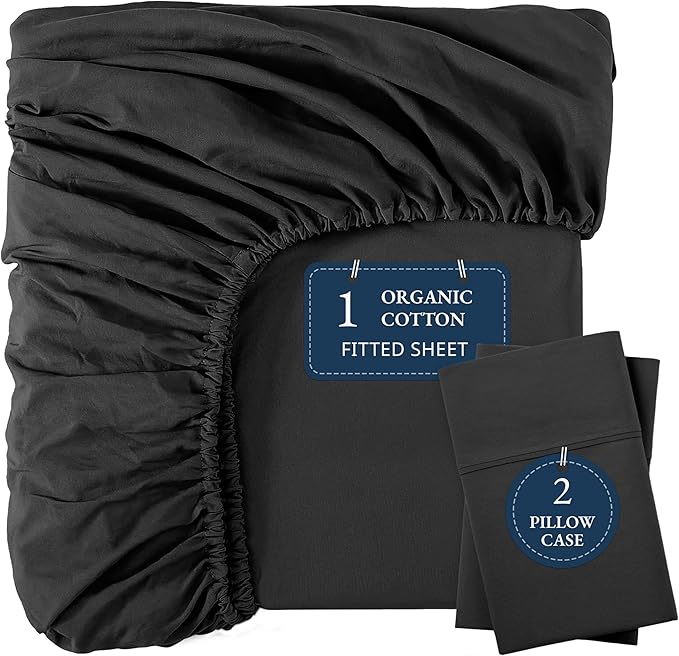 LANE LINEN Fitted Sheet Full Size, 100% Organic Cotton, 3-Piece Set (1 Fitted Sheet, 2 Pillowcases) Percale Weave, Bed Fitted Sheets, Breathable, Fits Mattress Upto 15" Deep - Black (No Flat Sheet)