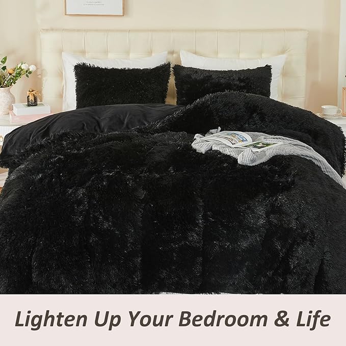 EMME Luxury Fuzzy Duvet Cover Set Twin Size Fluffy Comforter Cover Set for Twin Bed 2 Pieces Shaggy and Plush Soft Bedding Duvet Covers (Black, Twin)