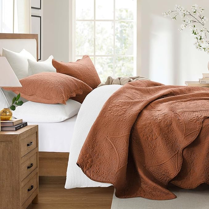 IR Imperial Rooms California King Quilt Bedding Set Size (118"x106") + 2 Pillow Shams (20" x 36"+ 2") - 3 Pcs All Season Reversible Microfiber Coverlet Embossed Floral Quilt Bedspread (Rust)