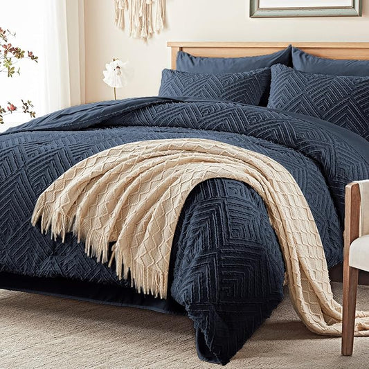 Zzlpp Full Comforter Set 7 Pieces, Navy Blue Tufted Bed in a Bag with Comforter and Sheets, All Season Boho Bedding Sets with Comforter, 2 Pillow Shams, 2 Pillowcases, 1 Flat Sheet, 1 Fitted Sheet