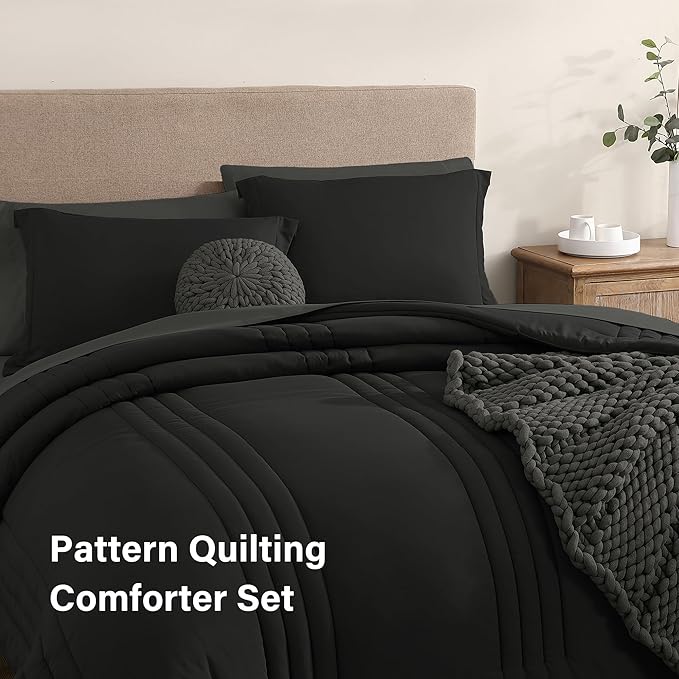 Monbix Queen Comforter Set - 7 Pieces Black Bed in a Bag Queen Bedding Sets with Comforters, All Seasons Comforter Bed Set with Sheets,Pillowcases & Shams