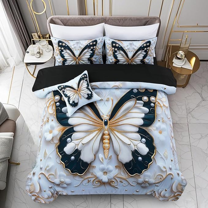 A Nice Night 6pcs Bed in A Bag Black and Glod Dreamy 3D Butterfly Pearl Flower Design, Butterflies Printed Bedding Twin Comforter Set, for Girls Kids Teens