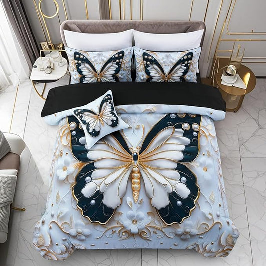 A Nice Night 6pcs Bed in A Bag Black and Glod Dreamy 3D Butterfly Pearl Flower Design, Butterflies Printed Bedding Twin Comforter Set, for Girls Kids Teens