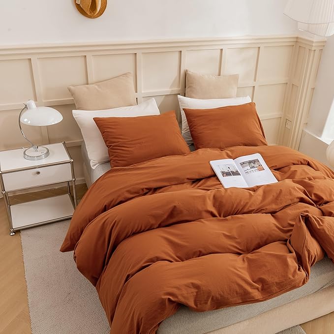 ECOCOTT 100% Washed Cotton Duvet Cover Twin Size – Soft & Breathable Linen Feel Bedding Set, 3 Pieces Brown Comforter Cover with Zipper Closure for All Seasons