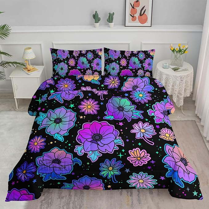 Axolotl Neon Floral Bedding Set King,Gradient Floral Comforter Set for Girls,Colorful Flower Bedding Stars,Galaxy Series Comforter for Kids Boys Girls Teens Adults,1 Quilt 2 Pillowcases,Black