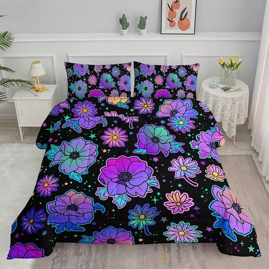 Axolotl Neon Floral Bedding Set King,Gradient Floral Comforter Set for Girls,Colorful Flower Bedding Stars,Galaxy Series Comforter for Kids Boys Girls Teens Adults,1 Quilt 2 Pillowcases,Black
