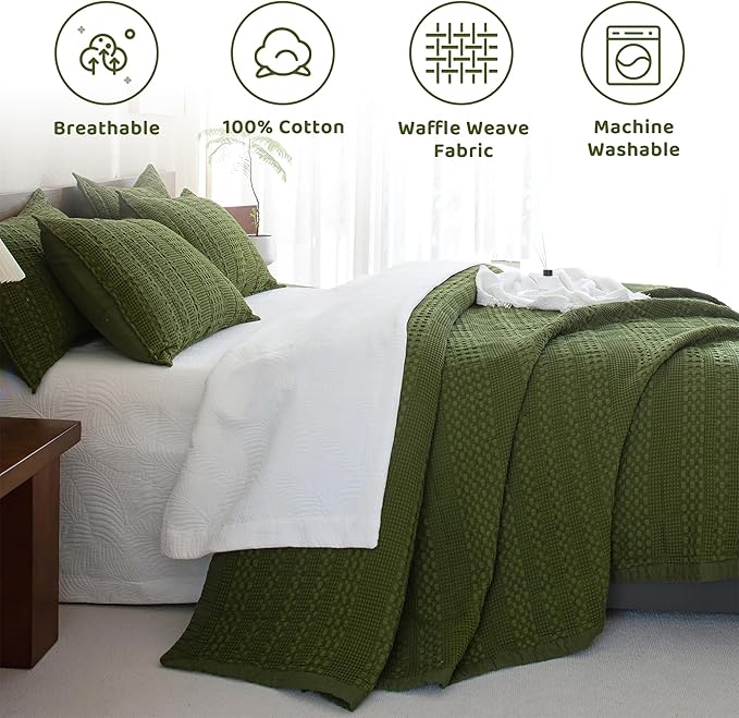 Sanracie Cotton Waffle Weave Quilt Set King Size(110"x98")-Olive Green Quilted Bedspread Sets,3Pcs Soft Boho King Quilt Bedding Set, Farmhouse Shabby Vintage Chic Bedding Quilt