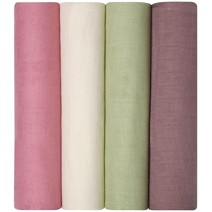 Momcozy Muslin Swaddle Blankets, 4 Pack Ultra Soft Neutral Matching Baby Swaddle Blanket, Breathable Skin Friendly, Large 47 x 47 Inch Swaddling Receiving Blanket for Boy Girl, Light Green