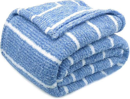 DEZ FURNISHINGS Oversized Cozy Knit Look Cloud-Soft Plush Printed Fleece Throw Blanket, Lightweight & Breathable, Queen (90" x 90"), Persian Blue Stripe