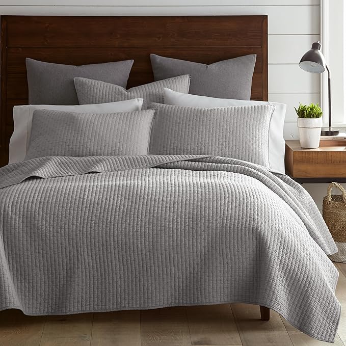 Levtex Home Cross Stitch Reversible Full/Queen Quilt Set (88x92in) and 2 Pillow Shams (26x20in) - Stitch Texture - Light Grey - Cotton Full/Queen Size Quilt Bedding Set - Lightweight, Soft, Pre-Washed