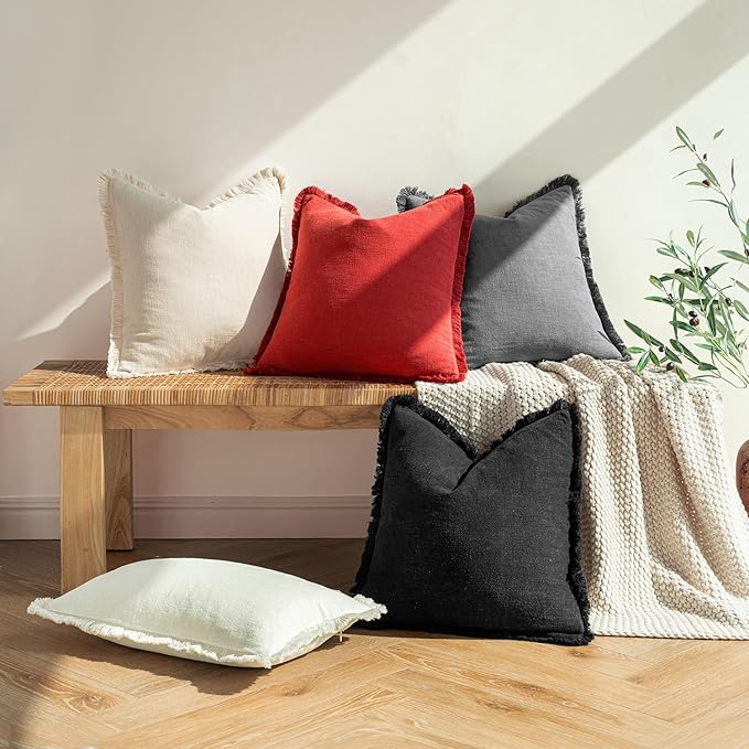 MIULEE Decorative Throw Pillow Covers Neutral Linen Fringe Throw Pillows Euro Shams Set of 2 Red Boho Farmhouse Cushion Covers with Tassels for Couch Sofa Bed Living Room Decor 24x24 Inch