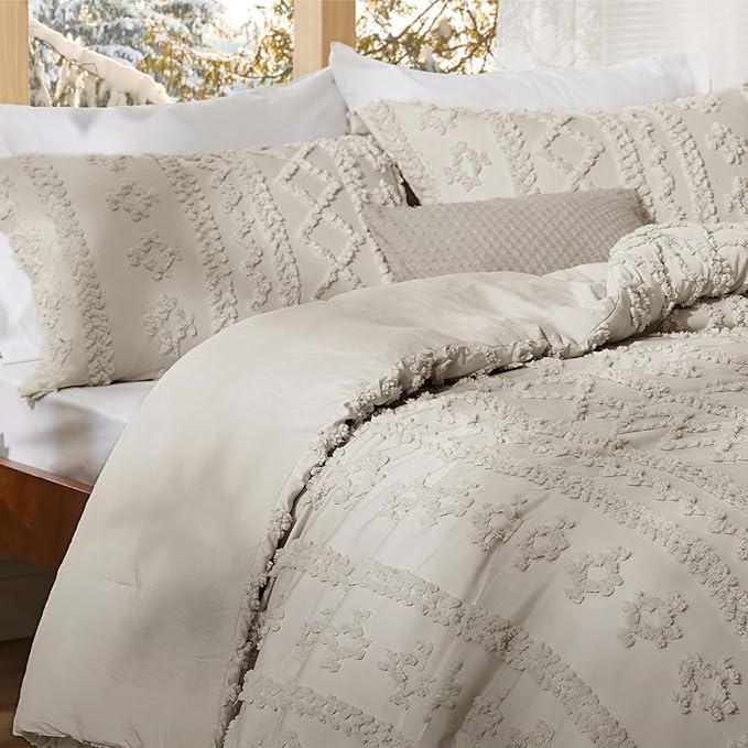 Bedsure Tufted Boho Comforter Set Oversized King - Linen Boho Bed Set, GentleSoft™ 3 Pieces Farmhouse Shabby Chic Embroidery Bedding, Gifts for Woman, Soft Jacquard Comforter for All Seasons