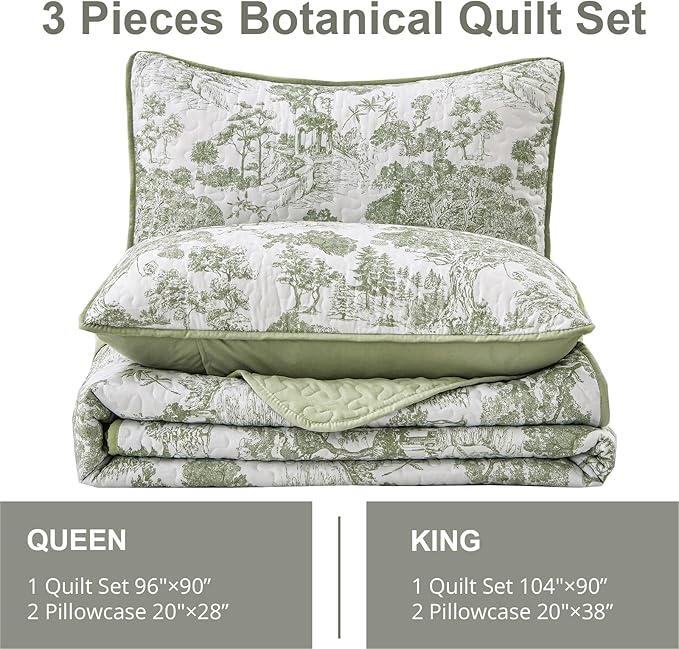 WONGS BEDDING Botanical Quilt Set Queen Size, Sage Green 3 Pieces Toile Floral Plants Printed Bedspread Bedding Set Soft Lightweight Microfiber Coverlet Set for All Season (96"x90")