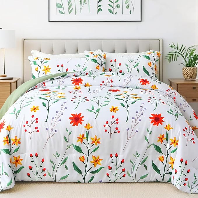 Queen Comforter Set Green 3 Pieces Bed in a Bag, Colorful Floral Bedding Sets Elegant Botanical Bed Set Lightweight Soft Comforter with 2 Pillowcases for All Season