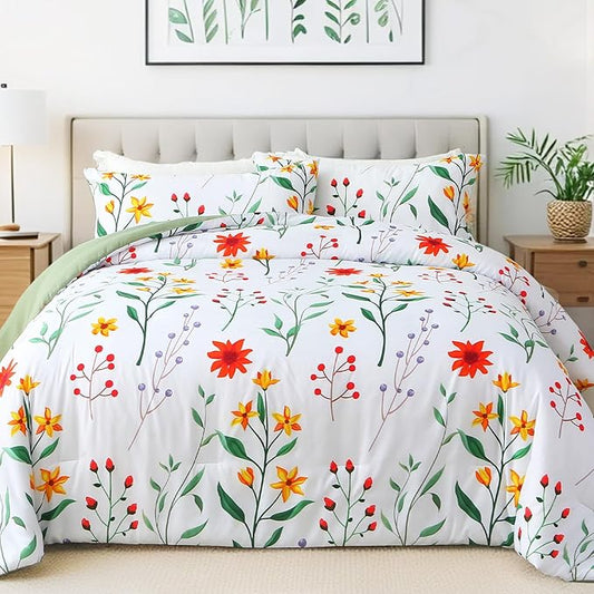 King Comforter Set Green 3 Pieces Bed in a Bag, Colorful Floral Bedding Sets Elegant Botanical Bed Set Lightweight Soft Comforter with 2 Pillowcases for All Season