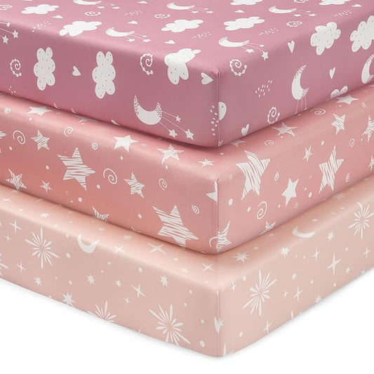 Baby Mini Crib Sheets Girl, Portable 38”x26” Pack and Play Sheets Fitted for Playard and Pack N Play Mattress, 3-Pack Soft Microfiber Pink Stars