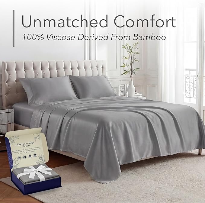 DECOLURE 100% Viscose Derived from Bamboo Sheets California King Size - Luxury 4 Pc Naturally Cooling Sheets, Ultra Soft Bed Set - Deep 17" Pockets, Double Stitching, Oeko Tex Standard (Midgrey)
