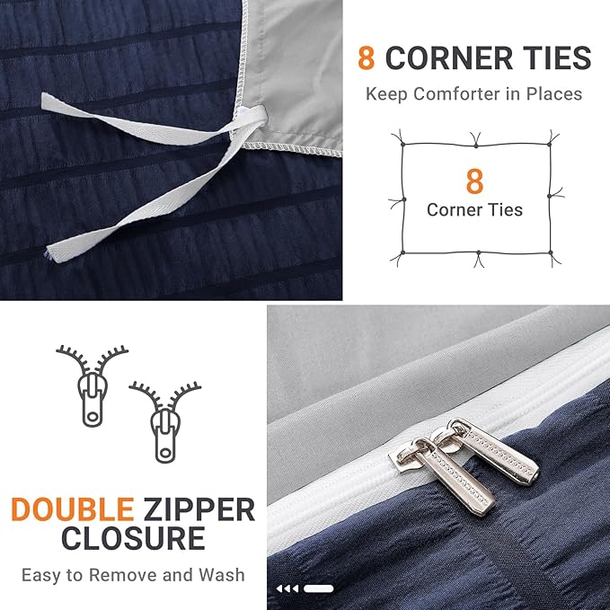 HYMOKEGE Navy Blue/Light Grey Duvet Cover Full Size, Ultra Soft 3-Piece Seersucker Duvet Cover Set with Zipper Closure, Soft Brushed Microfiber Bedding Set with 8 Corner Ties (80"x90", 2 Pillowshams)