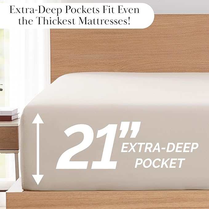 Southshore Fine Living, Inc. 4-Piece King Size Sheets Set, Deep Pocket Bed Sheets, King Size Set with Extra Deep King Size Fitted Sheet, Pleated Flat Sheet and 2 Pillow Cases, Bone Sheets King