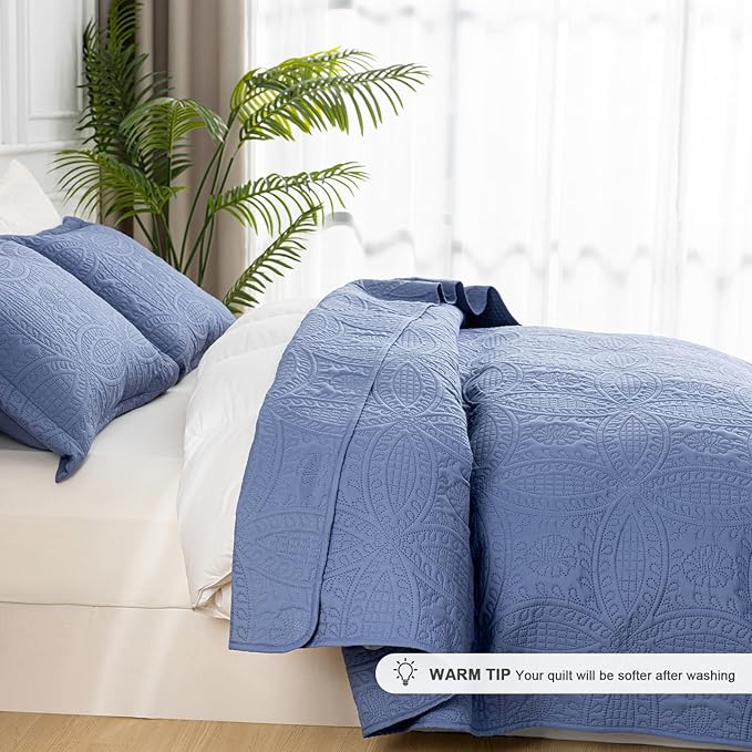 SheRest Full Quilt Bedding Set - Grayish Blue Soft Breathable Bed Quilts, Modern Style Embossed Bedspreads, Lightweight Microfiber Reversible Coverlet for All Seasons-3 pieces (1 Quilt,2 Pillow Shams)