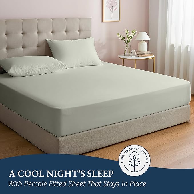 LANE LINEN 100% Organic Cotton Fitted Bed Sheets Queen Size (+Pillowcases) Soft & Comfy Percale Weave Fully Elasticized Low Pilling Fade Resistant Deep Pocket Fits Mattress Upto 15" - Mineral