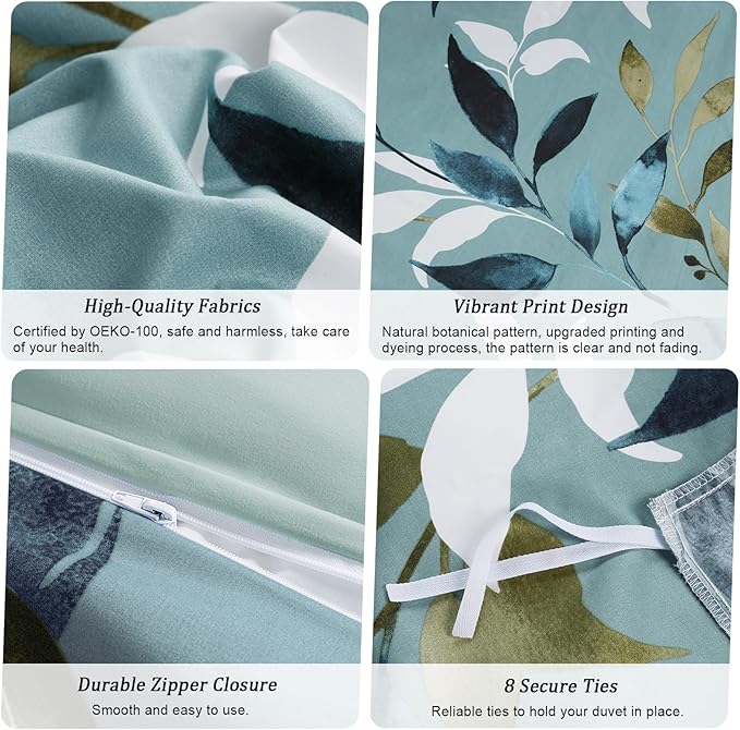 PHF Ultra Soft Floral Duvet Cover Twin Size, Printed Bedding Set 2 Pieces, Comfy Farmhouse Pattern Duvet Cover Set with 1 Pillow Shams, Zipper Closure and 6 Ties, 68"x90", Sage Green Botanical