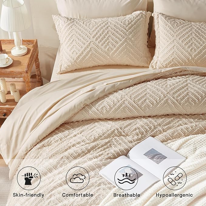 Zzlpp Full Comforter Set 7 Pieces, Beige Tufted Bed in a Bag with Comforter and Sheets, All Season Boho Bedding Sets with 1 Comforter, 2 Pillow Shams, 2 Pillowcases, 1 Flat Sheet, 1 Fitted Sheet