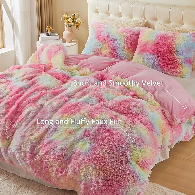 EMME Luxury Fuzzy Duvet Cover Set Queen Size Fluffy Comforter Cover Set for Queen Bed 2 Pieces Shaggy and Plush Soft Bedding Duvet Covers (Rainbow Colorful Pink, Queen)
