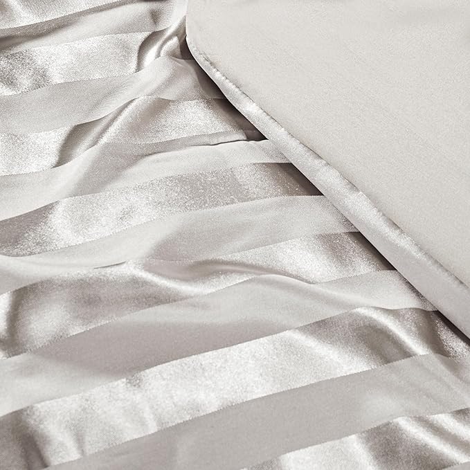 Whale Flotilla 3-Piece Reversible Silky Soft King Size Comforter Set, Luxury Stripe Satin Oversized Comforter Bedding Set with 2 Satin Pillowcases, Lightweight Duvet for All Seasons, Grey