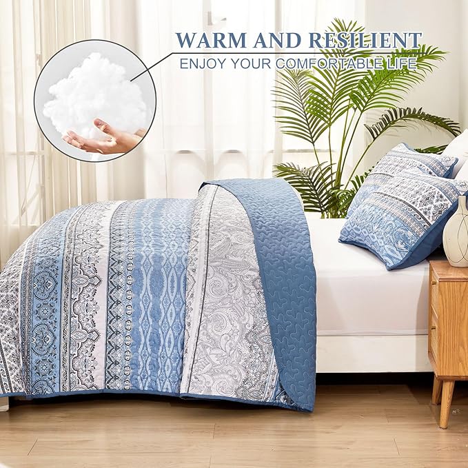WONGS BEDDING Boho King Quilt Set, Light Blue Bohemian King Quilt Bedding Set, Lightweight Microfiber Bed Decor Bedspread for All Season 104"x90"(3 Pieces)