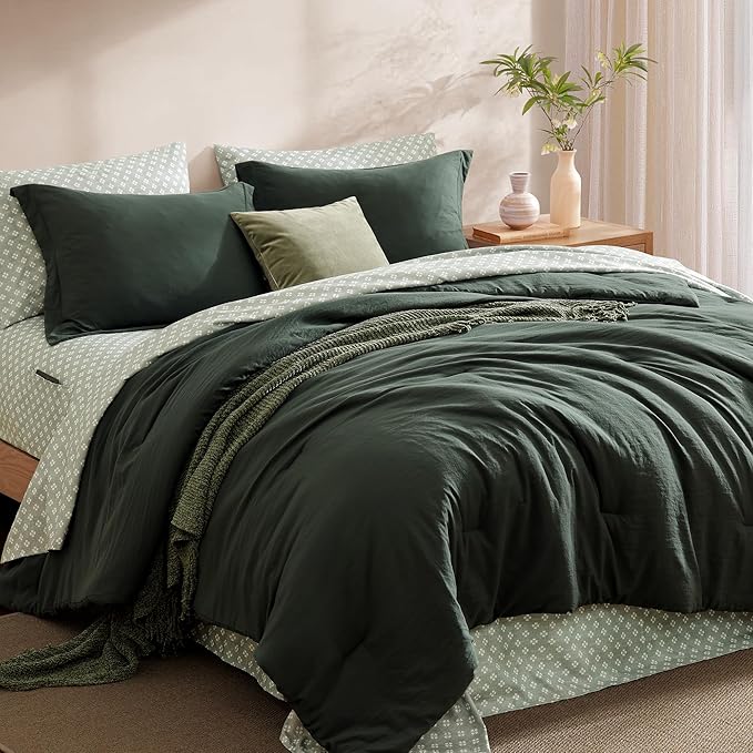 Monbix King Size Comforter Set - 7 Pieces Deep Forest Prewashed Bed in a Bag King Bedding Sets with Comforters, All Seasons Ultra Soft Comforter Bed Set with Sheets,Pillowcases & Shams