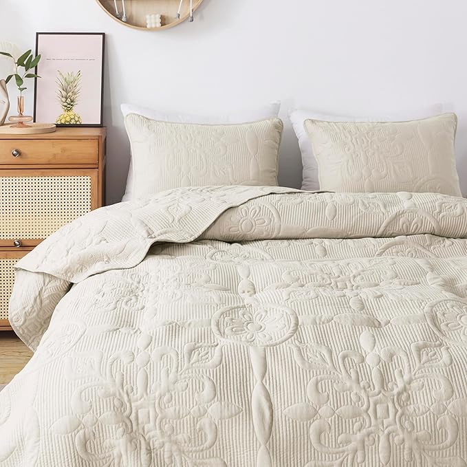 Ivory Damask Quilt Twin Size Bedding Sets with 1 Pillow Sham, Cream Boho Bedspread Lightweight Soft Farmhouse Vintage Bohemian Coverlet Retro Jacquard Pattern Bed Cover for All Season, 2 Pieces