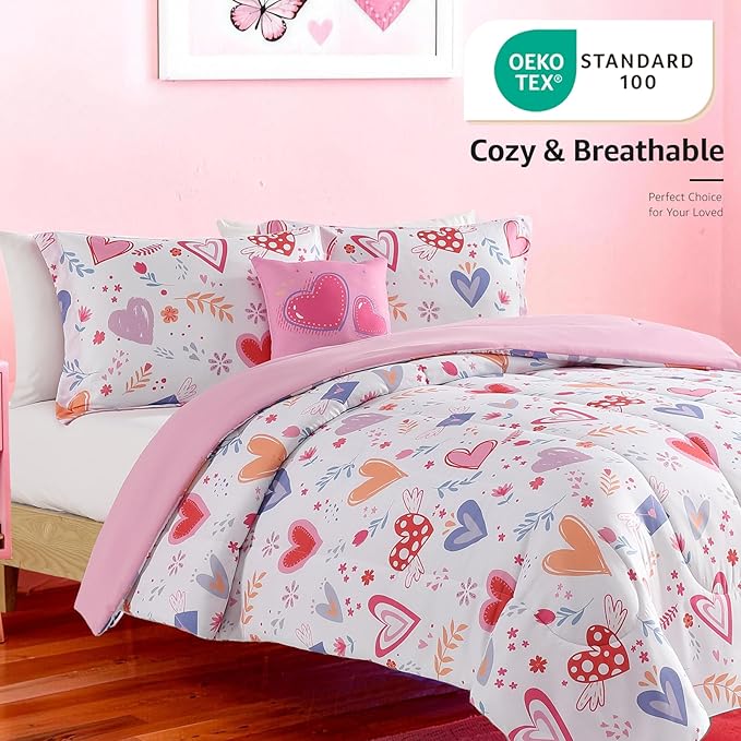 Twin Comforter Set for Girls-3 Pieces Heart Love Twin Bedding Sets for Kids,1 Comforter,1 Sham and 1 Decor Pillow