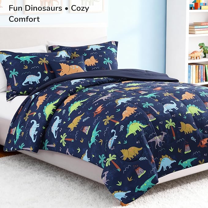 Twin Comforter Set for Boys-3 Pieces Navy Dinosaur Twin XL Bedding Set with 1 Comforter, 1 Decor Pillow, 1 Pillow Sham