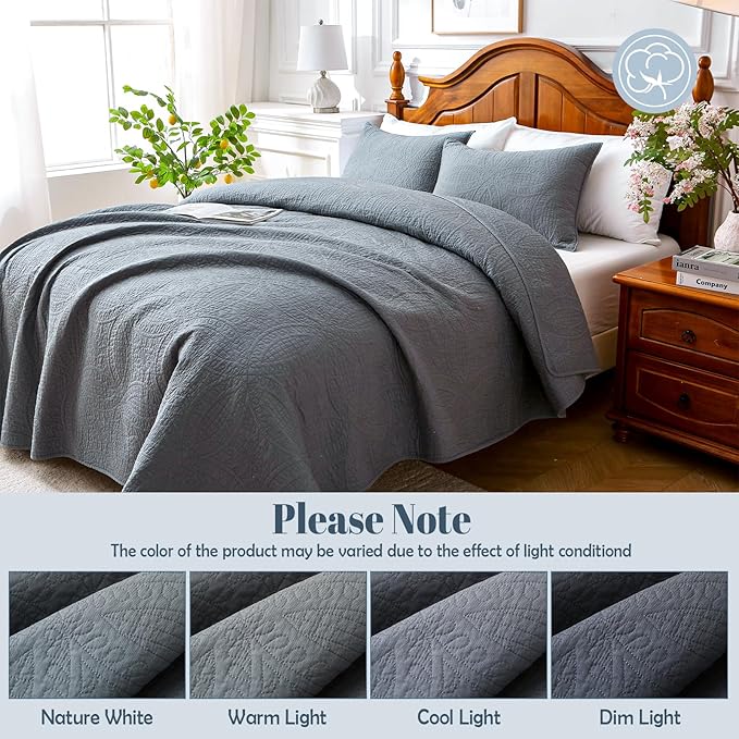 Gray 100% Cotton King Size Quilt Bedding Set, 3 Pieces Modern Style Coin Pattern Bedspread, Soft Bed 100% Cotton Batting Coverlet, All-Season Quilted Comforter Bed Cover, 1 Bedspread, 2 Pillowcases
