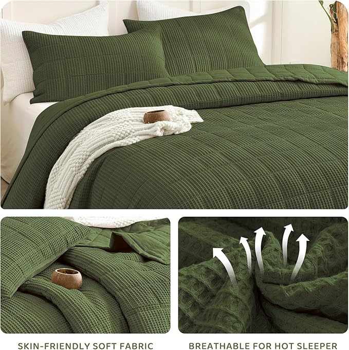 Sanracie Cotton Oversized King Bedspread (128"x120"), Olive Green Waffle Weave Quilt Set 3Pcs Extra Large Wide Farmhouse Bedding Set Soft Breathable Aesthetic Bed Coverlet for All Season