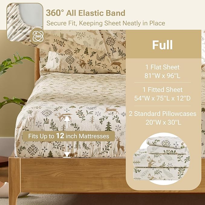 Sleep Philosophy True North 100% Cotton Flannel Sheets Full Size, Cozy Flannel Sheet Set Brushed for Extra Softness, Heavyweight Novelty Print Warm Flannel Bedding Set, Tan Woodland Winter 4 Piece