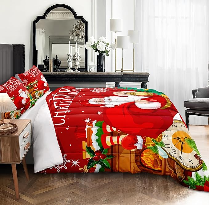 Red Christmas Comforter Set Santa Claus Bedding Set King Size Christmas Tree Decor Happy New Year Festival Theme Bedding Quilt Boys Girls Xmas Gifts Soft Lightweight Quilted Comforter 4 Pcs