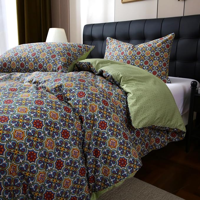 ABREEZE Bohemia Retro Bedding Ethnic Vintage Floral Duvet Cover Boho Bedding 100% Brushed Cotton Bedding Sets Damask Paisley Coloful Mandala Down Comforter Cover 3-Piece,Queen