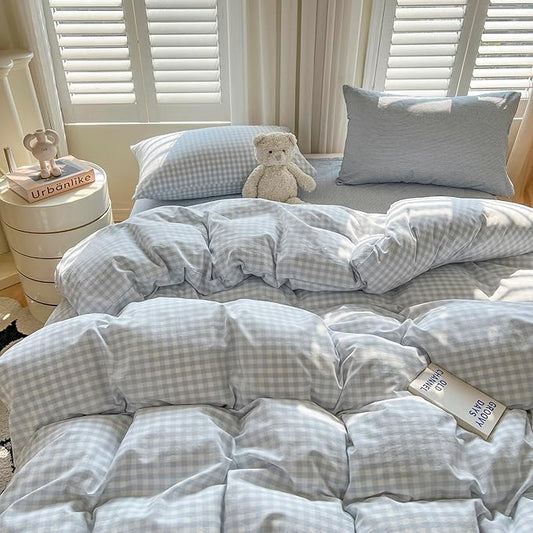 LifeTB Blue Gingham Comforter Set Full Size Modern Style Blue Plaid Comforter Set 3 Pieces Grid Checkered Pattern Comforter Fluffy Soft Farmhouse Gingham Bedding Comforter with 2 Pillowcases