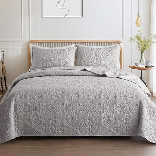 Whale Flotilla Soft King Quilt Bedding Set for All Seasons, Elegant Vintage Damask Ultrasonic Quilts Set, Lightweight Reversible Bedspread, Coverlet, Bed Cover with 2 Pillow Shams, Lightgrey