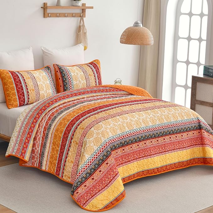 WONGS BEDDING Boho Stripe Quilt Set Queen Size, 3 Pieces Orange Bohemian Quilt Sets, Lightweight Soft Microfiber Bedspread Coverlet Bedding Set for All Season (96"x90")