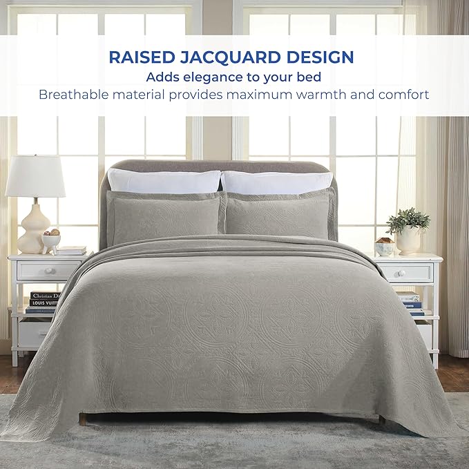 Superior 2 Piece Celtic Circles Cotton Bedspread Set, Decorative Bed Spread, Home Bed Decor, 1 Pillow Sham, Medium Weight Blanket, Matelasse Coverlet Bedding, Wedding Ring Design, Full, Platinum