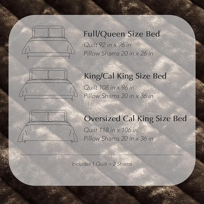 EVERGRACE Velvet Quilt Set Queen Size, Luxurious Soft Striped Channel Bedding Set, Lightweight Velvet Comforter for All Season, Oversized Bedspread Coverlet with 2 Matching Shams, Walnut Brown