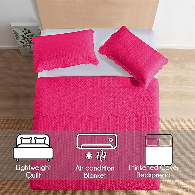 MOONLIGHT20015 Quilt King Size (106" x 96") with 2 Pillow Shams (20" x 36"+2") for Summer - 3 Pcs Lightweight Bedding Set Reversible Coverlet Embossed Quilted Bedspread (Pink)