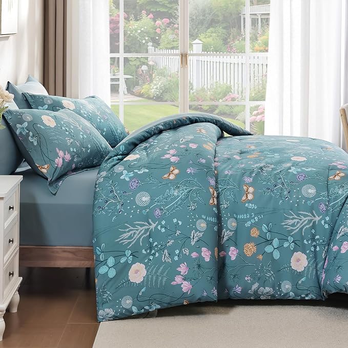 Yiran Queen Comforter Set, 7 Pieces Mineral Blue Floral Soft Bedding Sets, Queen Bed in a Bag with Botanical Flowers All Season Comforter, Sheets, Pillowcases & Shams