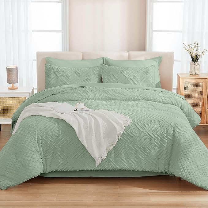 Andency Oversized Queen Comforter Set 7 Piece Sage Green - Bed in a Bag Oversized Queen Boho Lightweight Fluffy Tufted Bedding Sets with Comforter, Sheets, Pillowcases & Shams