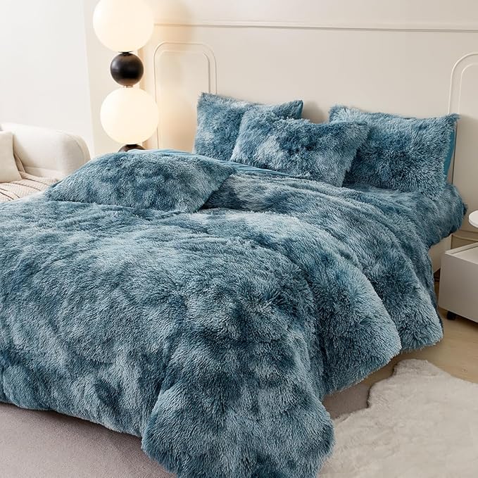PERFEMET 3 Pcs Faux Fur Tie Dye Comforter Set Full Size Turquoise Plush Shaggy Bedding Sets for Kids Teens Super Soft Cozy Fluffy Fuzzy Velvet Quilt Set(Turquoise, Full)