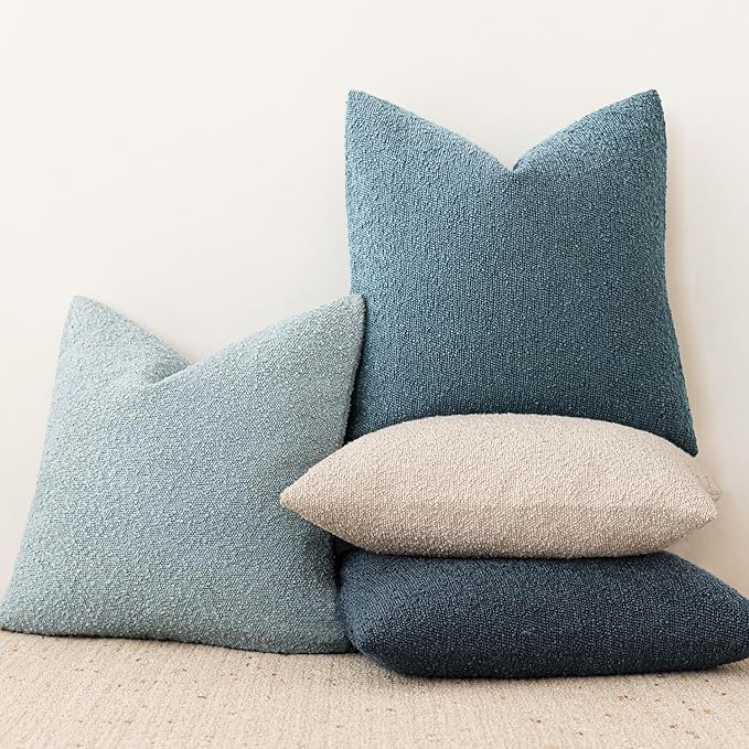 Foindtower Pack of 2, Decorative Textured Boucle Throw Pillow Covers Accent Solid Pillow Cases Soft Cozy Couch Cushion Case for Chair Sofa Bedroom Living Room Home Decor 16x16 Inch Misty Blue