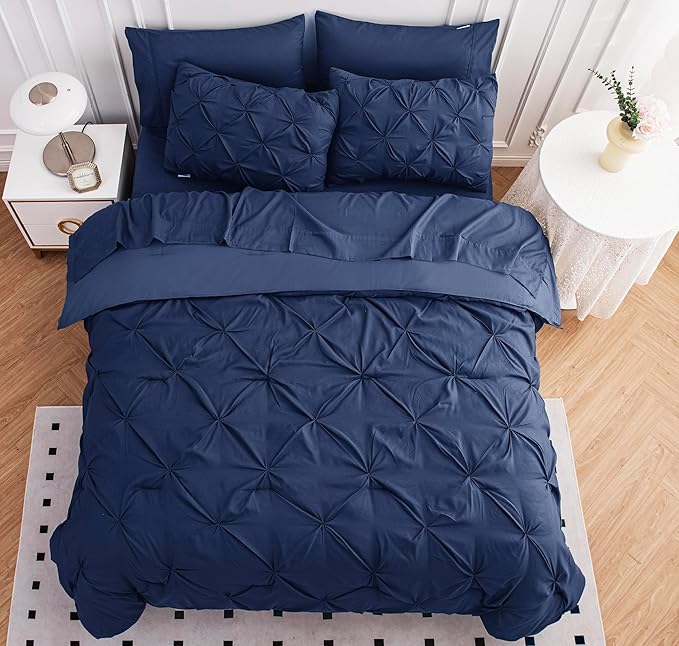 LANE LINEN Full Size Comforter Set - 7 Pc - Pintuck Bed in a Bag Down Alternative Full - Contains Comforter, Sheets, Pillowcases & Shams - Soft Touch, Durable Easy Care, Machine Washable – Navy Blue | Down alt comfort, Soft sleep surface, Durable daily...